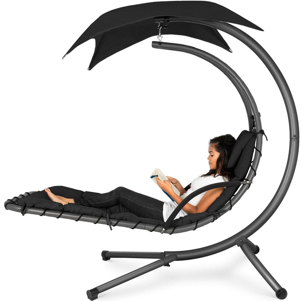 Black Single Person Sturdy Modern Chaise Lounger Hammock Chair Porch Swing-0