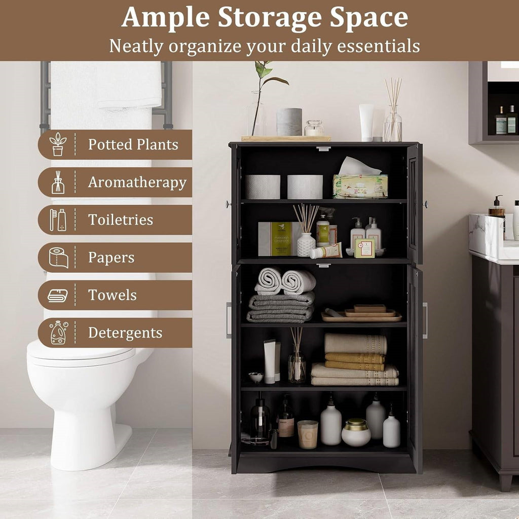 Black Bathroom Towel Linen Cabinet with Glass Doors and Storage Shelves-2