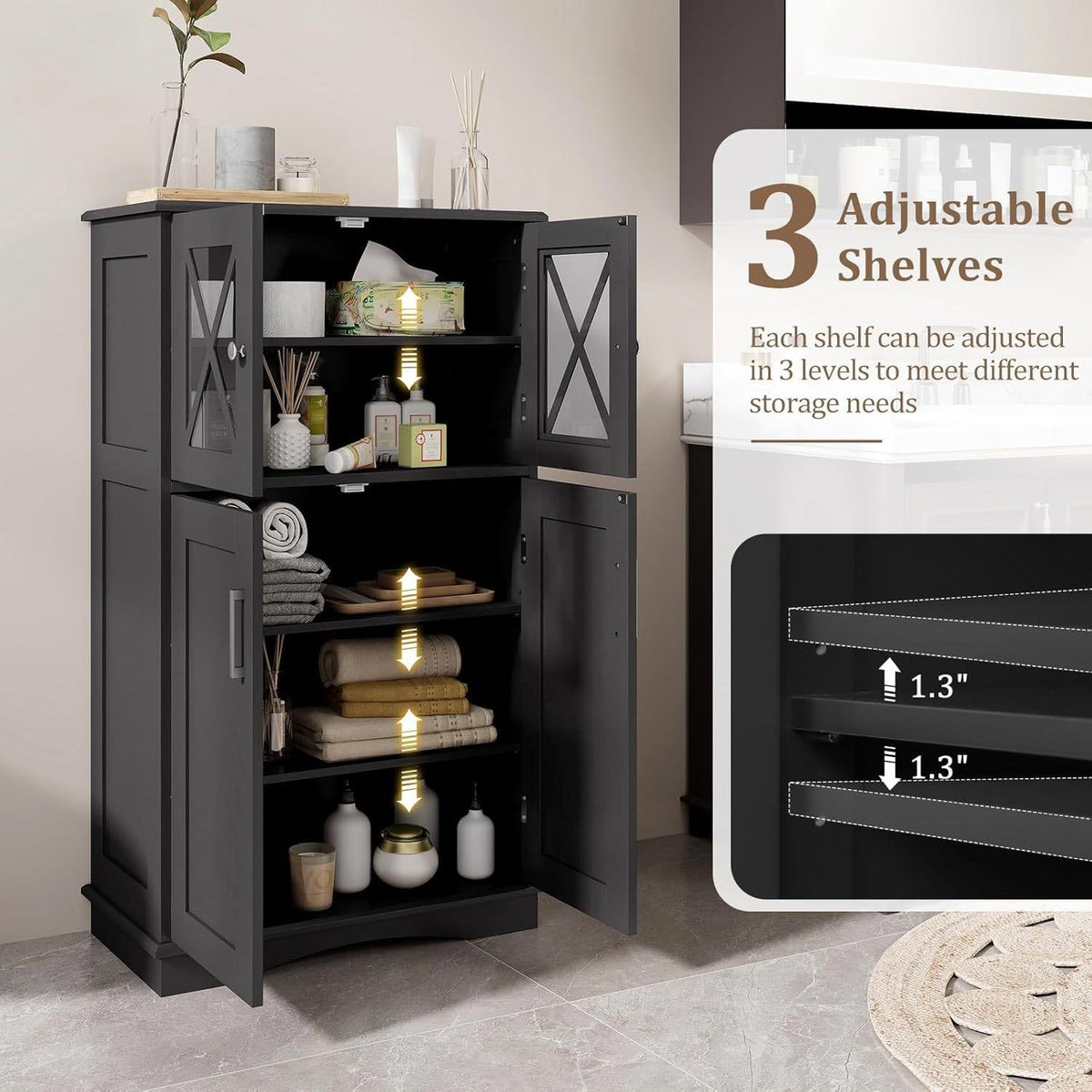 Black Bathroom Towel Linen Cabinet with Glass Doors and Storage Shelves-3