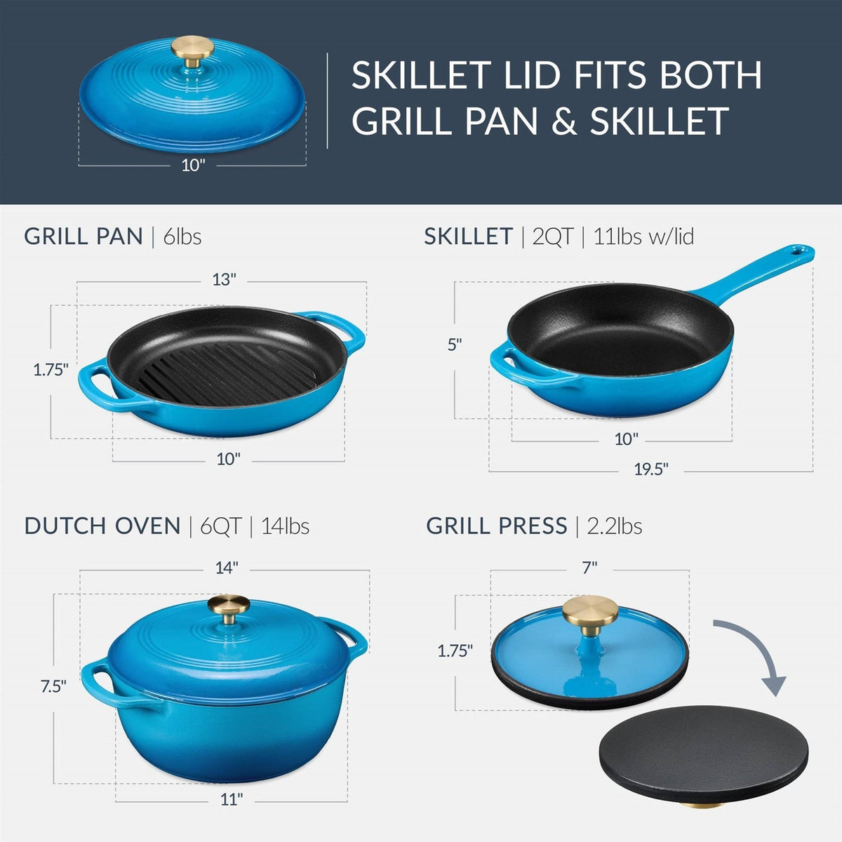 Blue 6-Piece Non-Stick Cast Iron Cookware Set - Skillet Grill Pan Dutch Oven-1