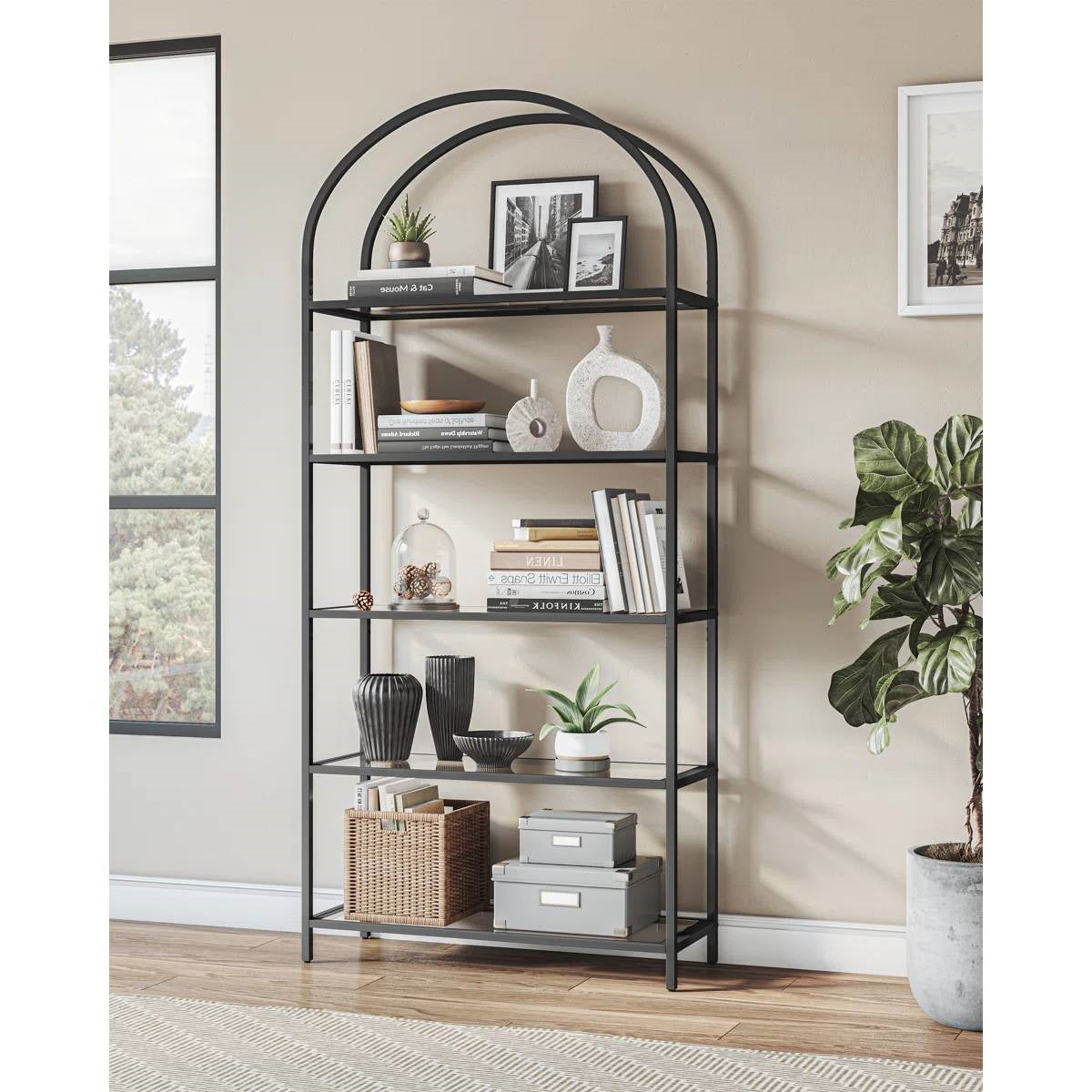 Modern Black Metal Arched Top Display Rack Bookcase with 5 Glass Storage Shelves-3