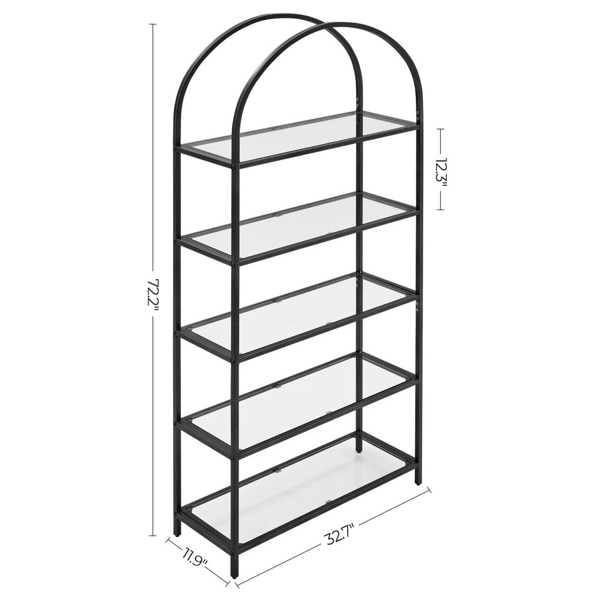 Modern Black Metal Arched Top Display Rack Bookcase with 5 Glass Storage Shelves-4