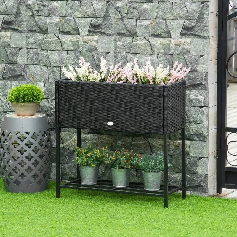 Black Modern PE Rattan Wicker Raised Garden Bed Elevated Planter Box-1