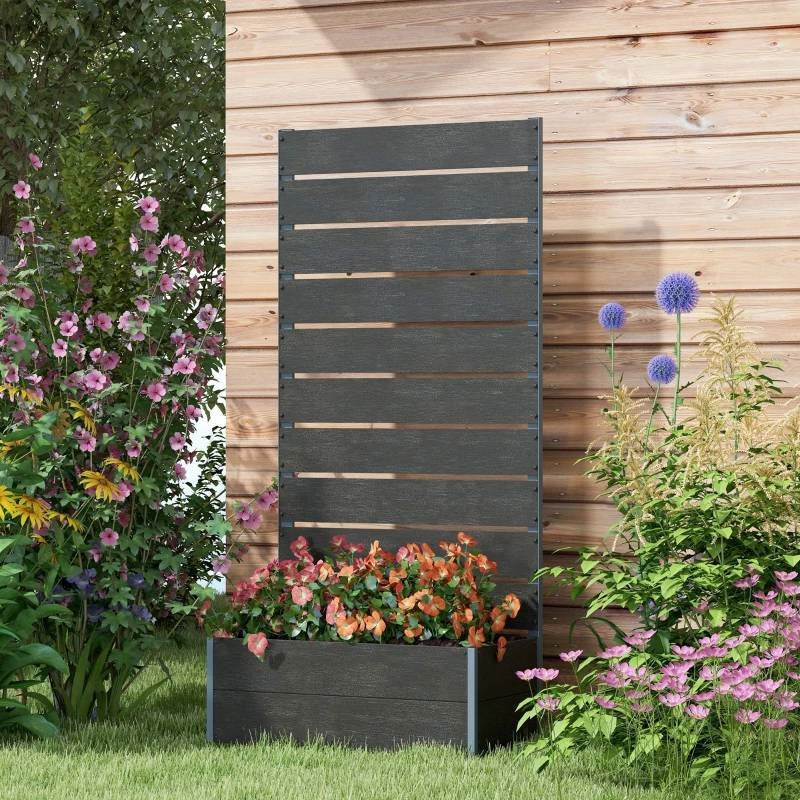 Outdoor Raised Bed Planter with Slatted Fence Trellis in Black Wood Finish-1