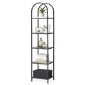 Arched Top Black Metal Display Rack Narrow Bookcase with 5 Glass Storage Shelves-0
