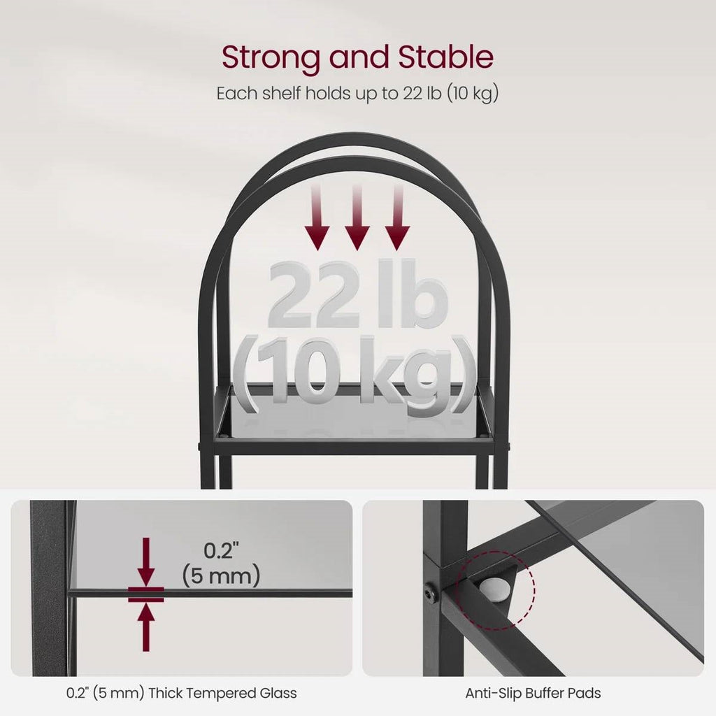 Arched Top Black Metal Display Rack Narrow Bookcase with 5 Glass Storage Shelves-3