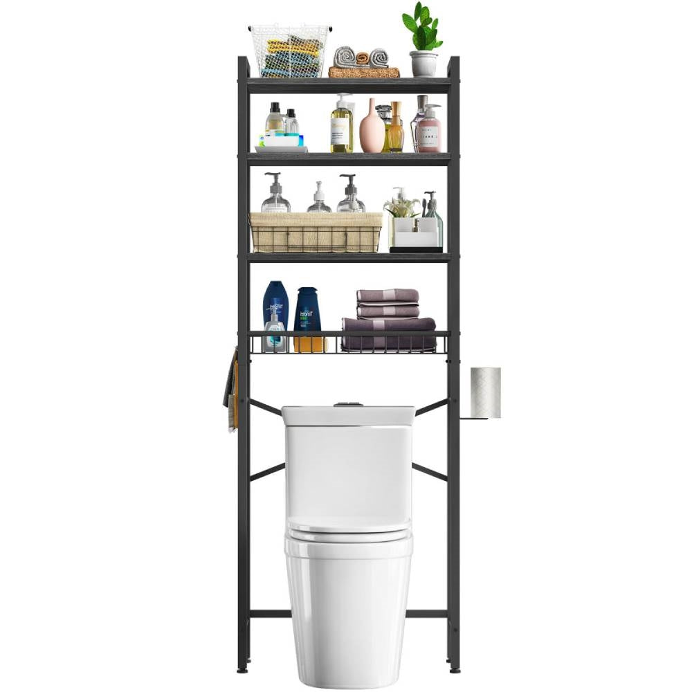 Over the Toilet Bathroom Storage Industrial Metal Wood Shelving Unit Black-0