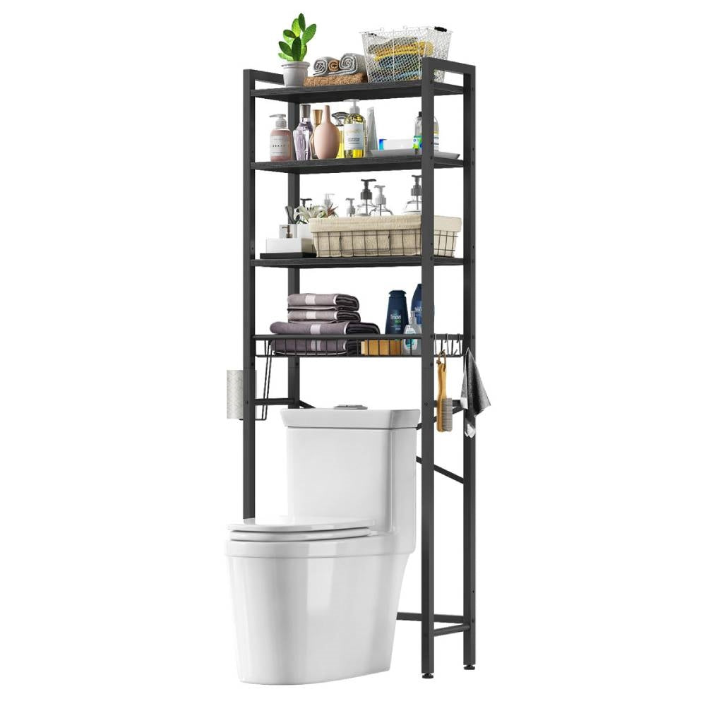 Over the Toilet Bathroom Storage Industrial Metal Wood Shelving Unit Black-1