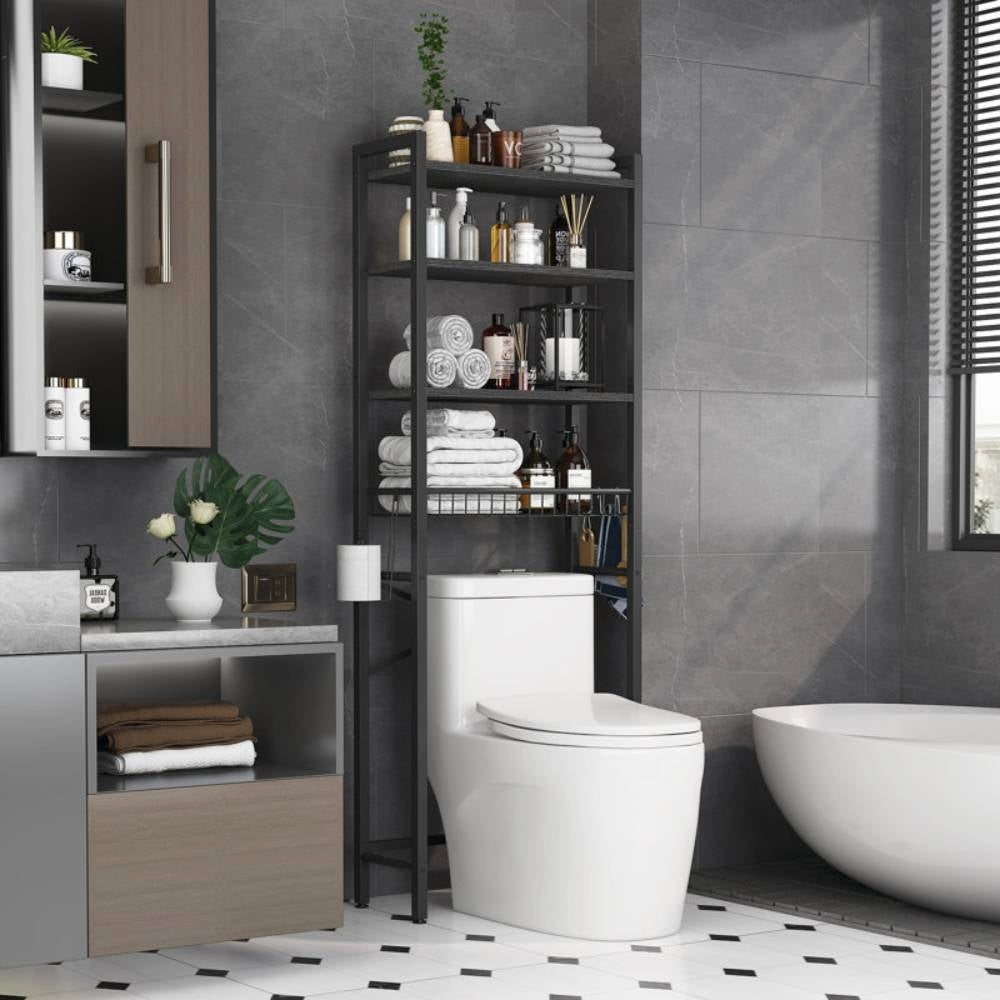 Over the Toilet Bathroom Storage Industrial Metal Wood Shelving Unit Black-2