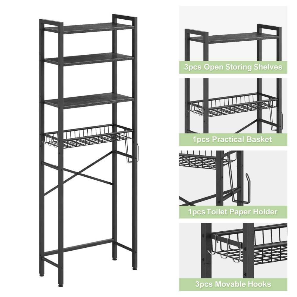 Over the Toilet Bathroom Storage Industrial Metal Wood Shelving Unit Black-3