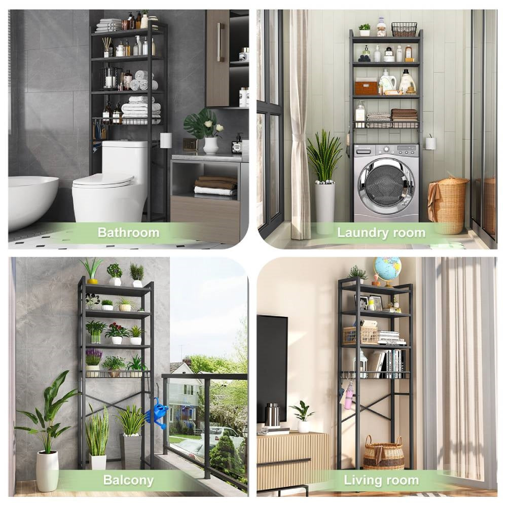 Over the Toilet Bathroom Storage Industrial Metal Wood Shelving Unit Black-4