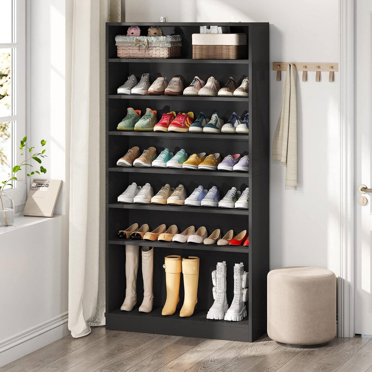8-Shelf Shoe Rack Storage Cabinet Closet Shelving Unit in Black Wood Finish-2