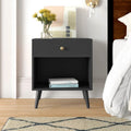 Mid-Century Farmhouse 1-Drawer Nightstand with Open Shelf in Black Wood Finish-0