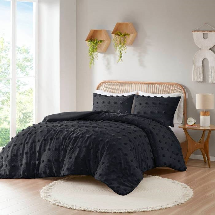 King/Cal King 3 Piece Pompom Microfiber Hypoallergenic Comforter Set in Black-2