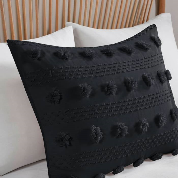 Full/Queen 3 Piece Pompom Microfiber Hypoallergenic Comforter Set in Black-3