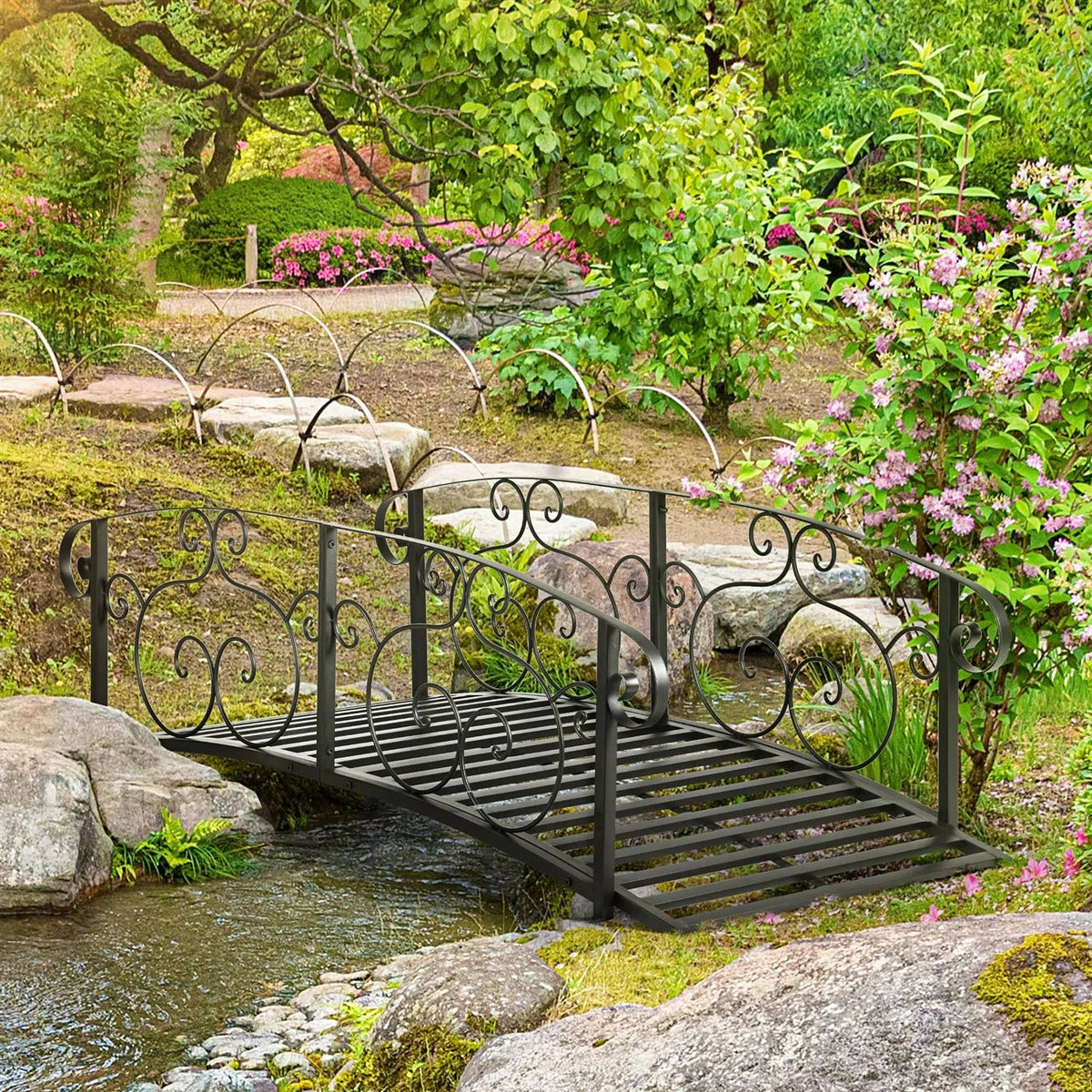 Outdoor Vintage Arch 6-ft Garden Bridge with Side-Rails in Black-1