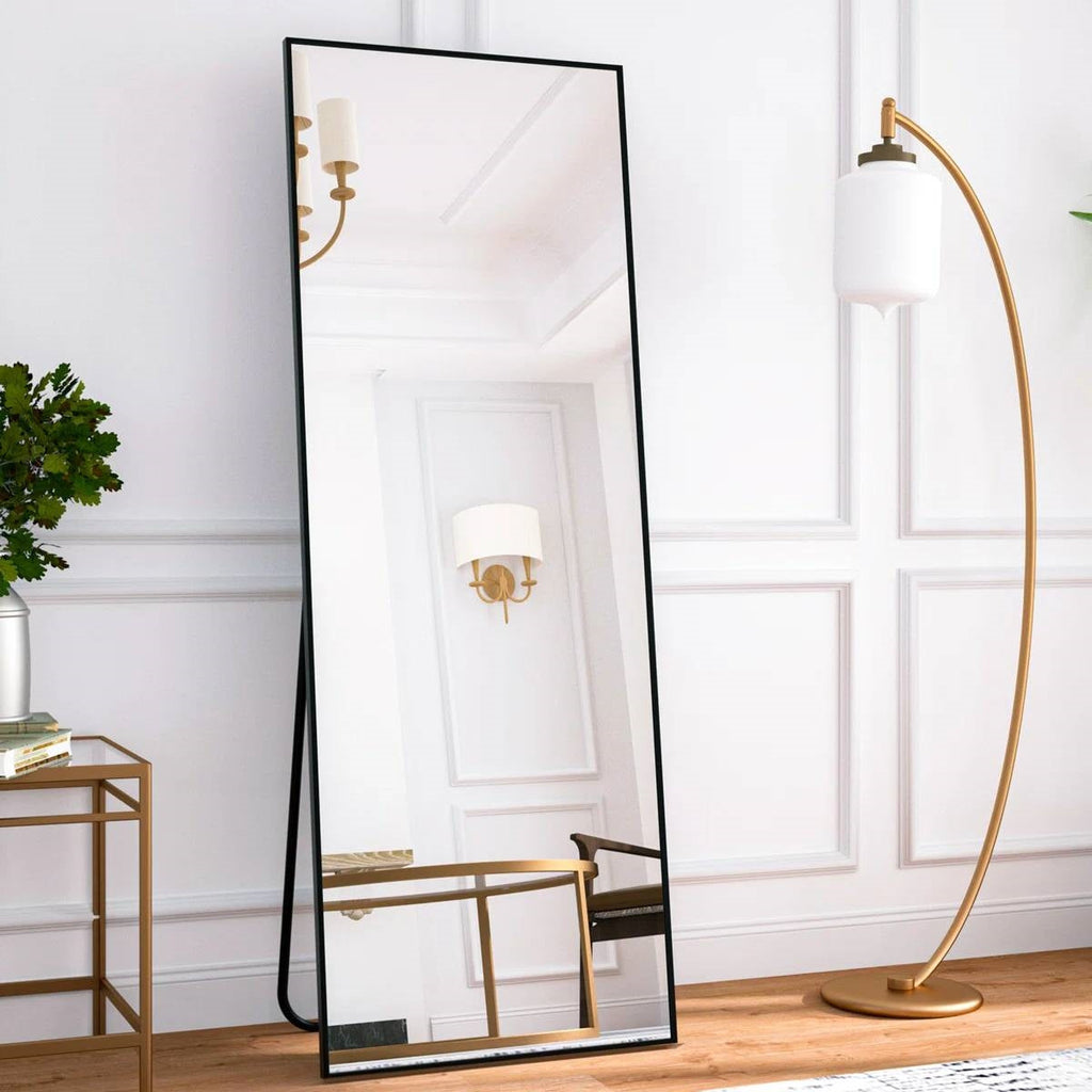 Black 64-inch Full Length Floor Mirror with Stand and Wall Mounting Holes-1