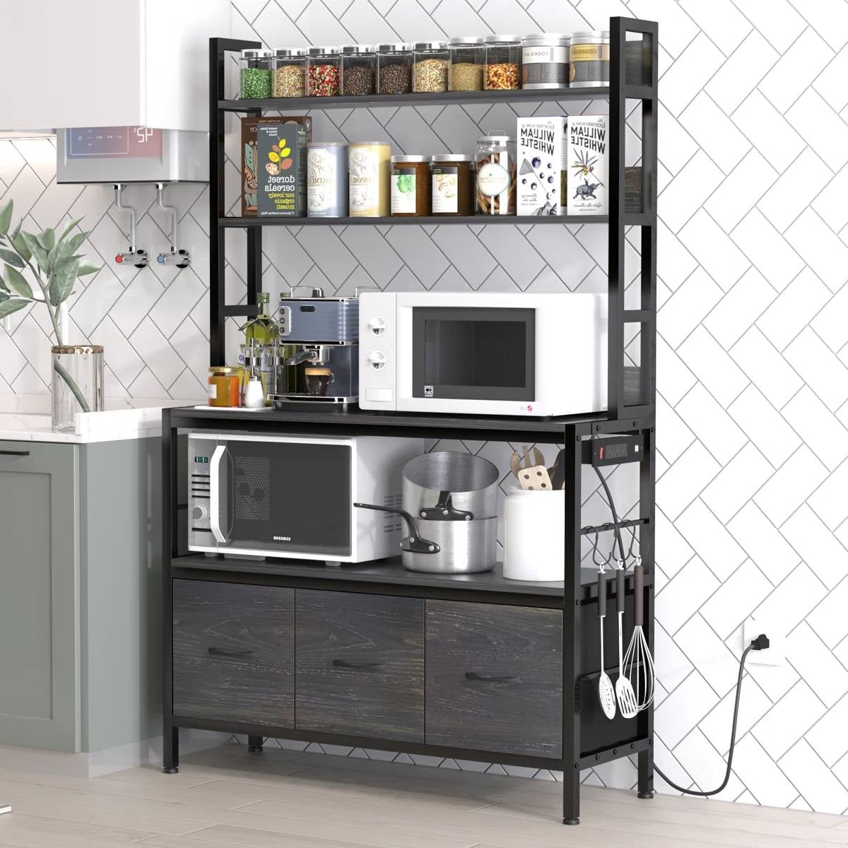 Black Metal Kitchen Baker's Rack 4-Shelves with Bottom Storage Cabinets-1