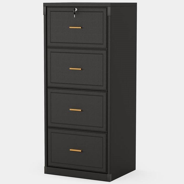 Vertical File Cabinet in Black Wood Finish with 4 Lockable Storage Drawers-0