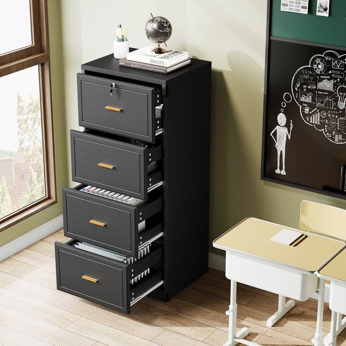 Vertical File Cabinet in Black Wood Finish with 4 Lockable Storage Drawers-3