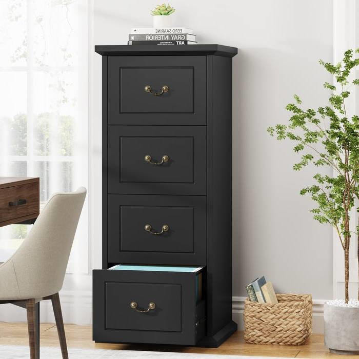 Traditional Vertical File Cabinet in Black Wood Finish with 4 Storage Drawers-1