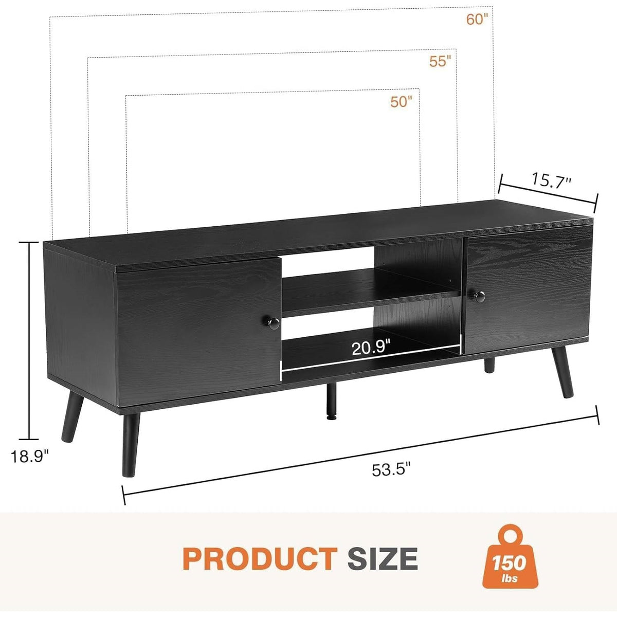 Mid-Century Modern TV Stand in Black Wood Finish for TV up to 60-inches-4