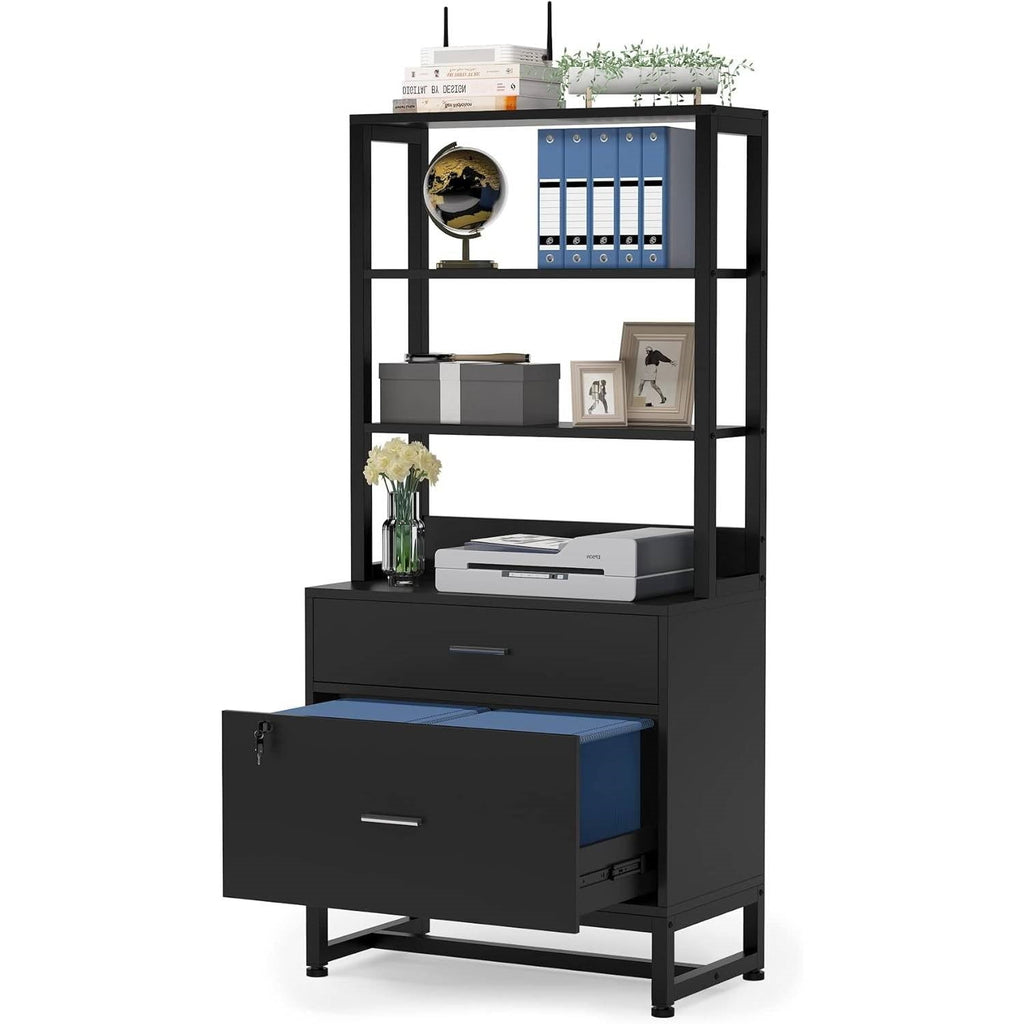 Home Office Lockable 2 Drawer Filing Cabinet Bookshelf in Black Wood Finish-0