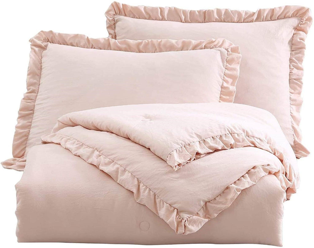 Queen Oversized Pink Ruffled Edge Microfiber Comforter Set-0