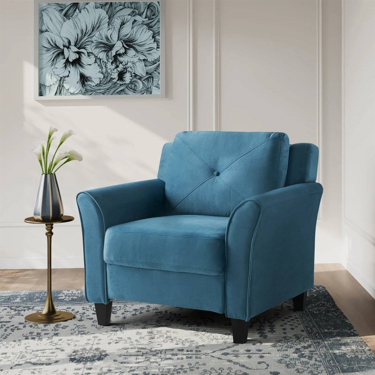 Blue Microfiber Upholstered Armchair Flared Arm Chair with Tufted Back Cushion-0