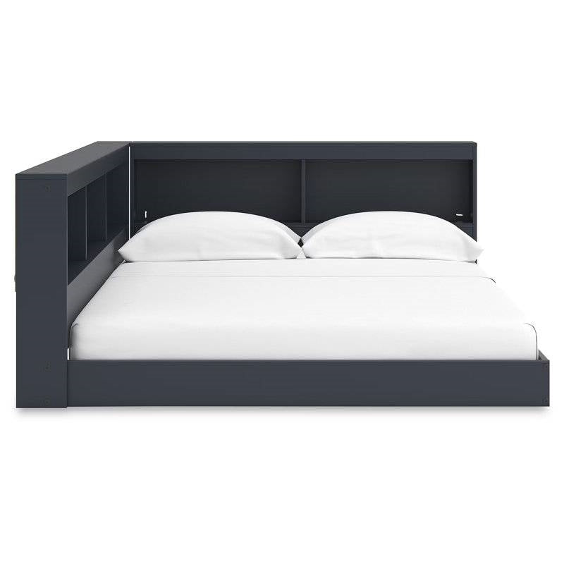 Twin size Blue Wooden Corner Storage Bed with Bookcase Headboard and USB Ports-1