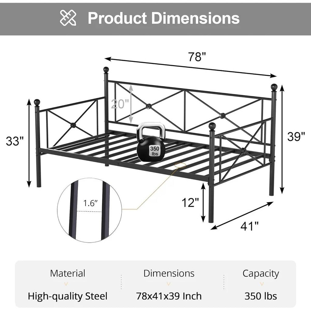 Twin size Classic Heavy Duty Metal Day Bed Frame in Black Finish-4