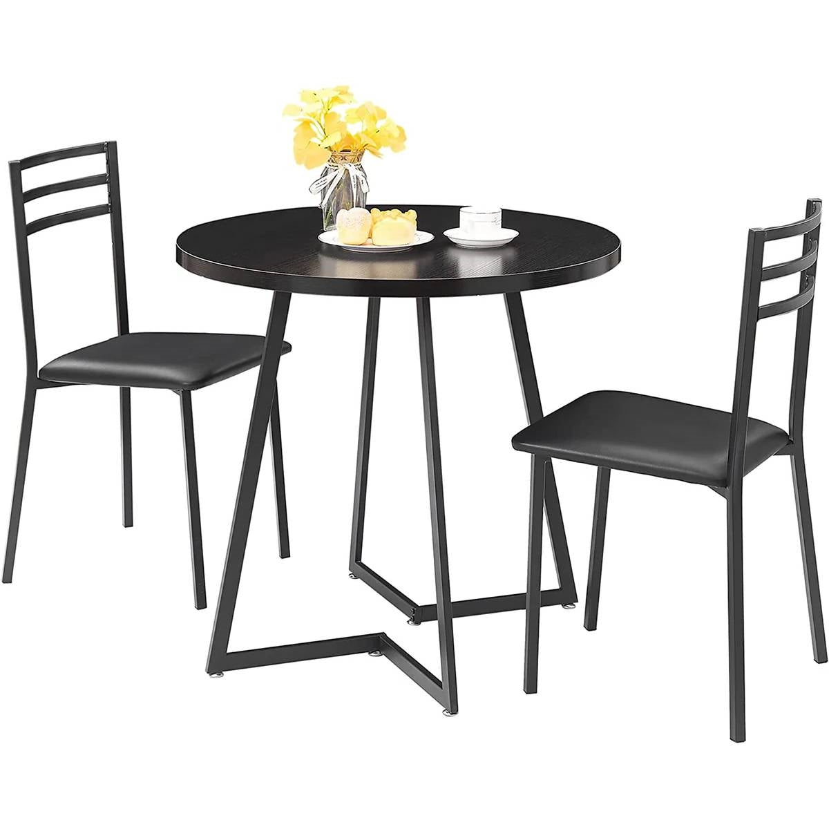 Modern 3-Piece Kitchen Dining Set with Round Black Wood-Top Table and 2 Chairs-0