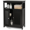 Black Farmhouse Bathroom Linen Cabinet with Louvered Doors and Open Shelf-0