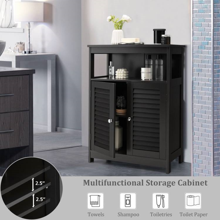Black Farmhouse Bathroom Linen Cabinet with Louvered Doors and Open Shelf-2