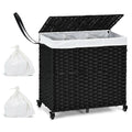 Black 3 Bin Linen Lined on Wheels PR Rattan Laundry Hamper-0