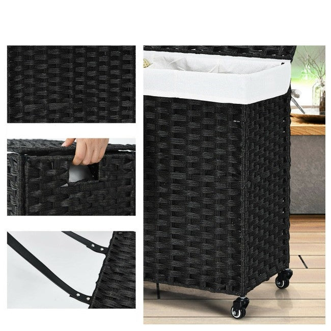 Black 3 Bin Linen Lined on Wheels PR Rattan Laundry Hamper-1