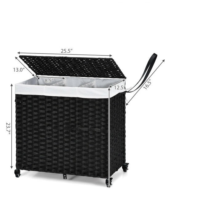 Black 3 Bin Linen Lined on Wheels PR Rattan Laundry Hamper-2