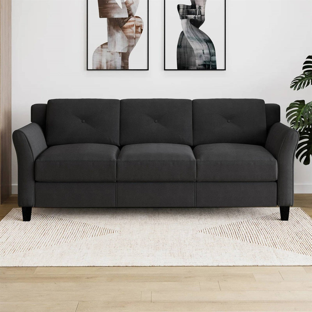 Modern 3-Seater Black Microfiber Upholstered Sofa-0