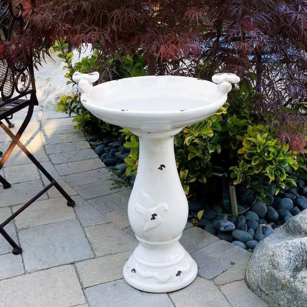 Outdoor Off-White Ceramic Birdbath in Light-Brown Antique Finish-0