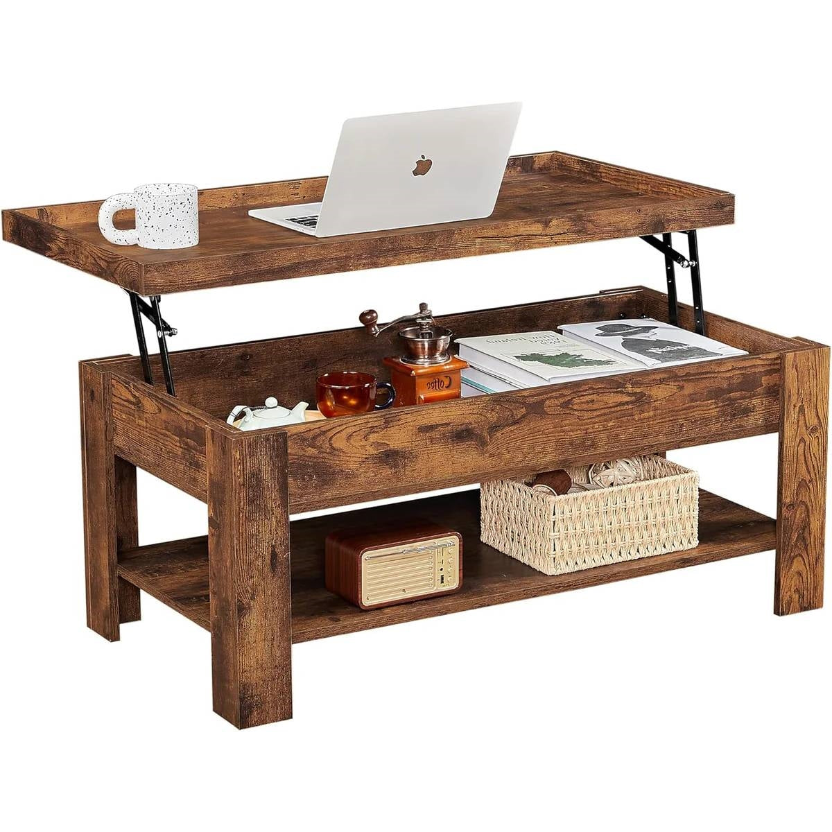 Modern Lift Top Coffee Table with Storage Shelf in Brown Wood Finish-0