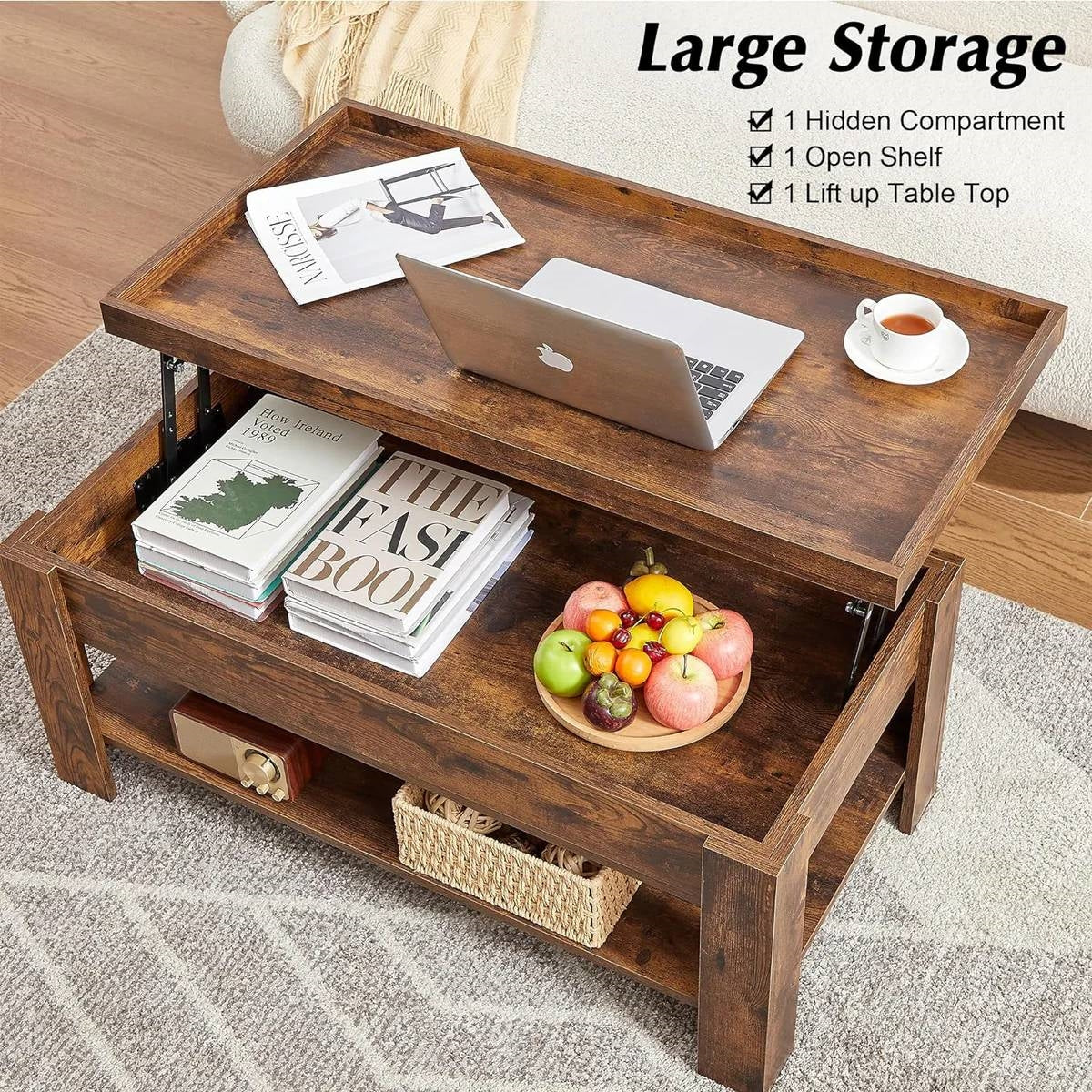 Modern Lift Top Coffee Table with Storage Shelf in Brown Wood Finish-3