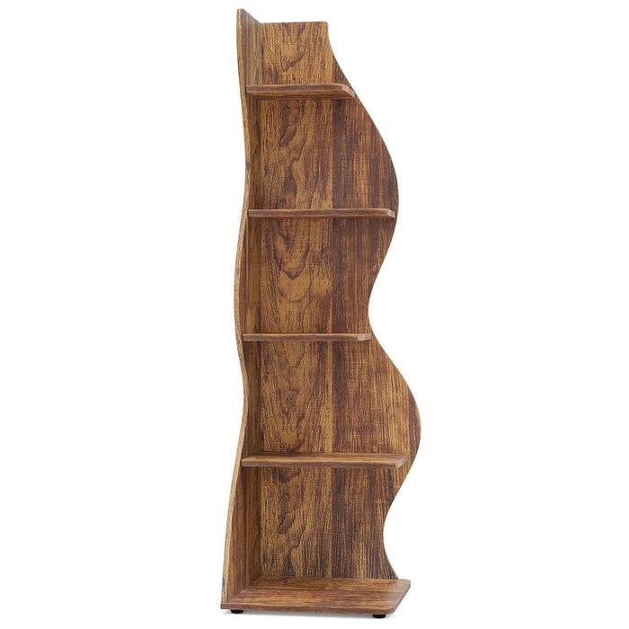 Modern Wave Shape 5 Shelf Corner Bookcase in Brown Wood Finish-1