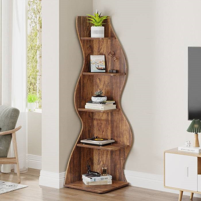 Modern Wave Shape 5 Shelf Corner Bookcase in Brown Wood Finish-2