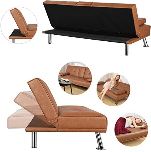 Brown Modern Faux Leather Cup Holders Convertible Sofa Bed Futon Sleeper-2