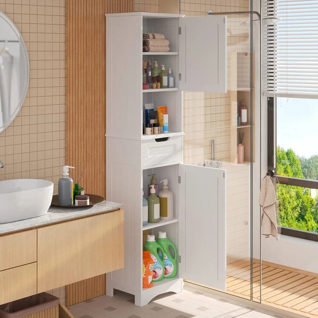 White Bathroom Linen Cabinet Tower with 2 Doors Storage Drawer and Shelf-0