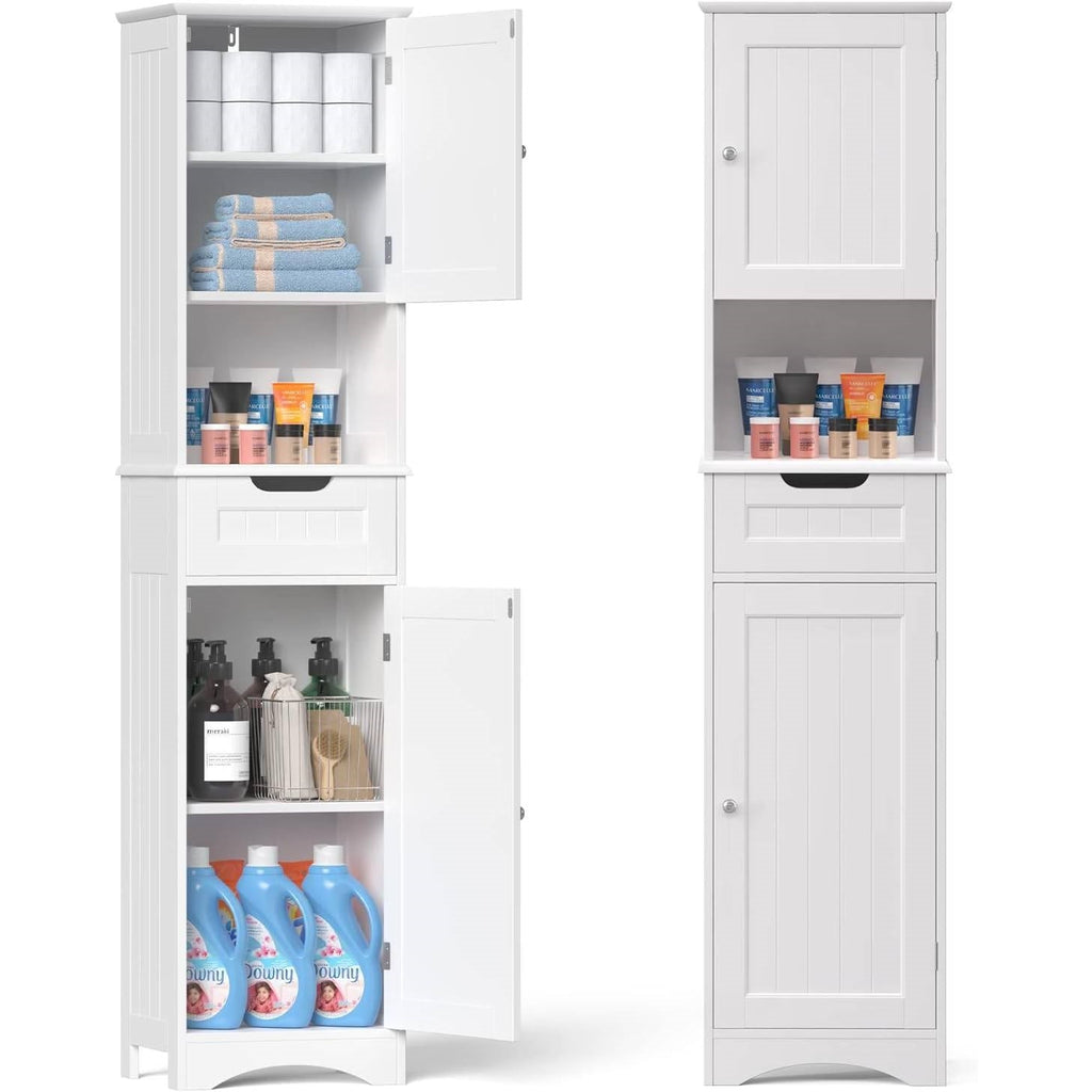 White Bathroom Linen Cabinet Tower with 2 Doors Storage Drawer and Shelf-1