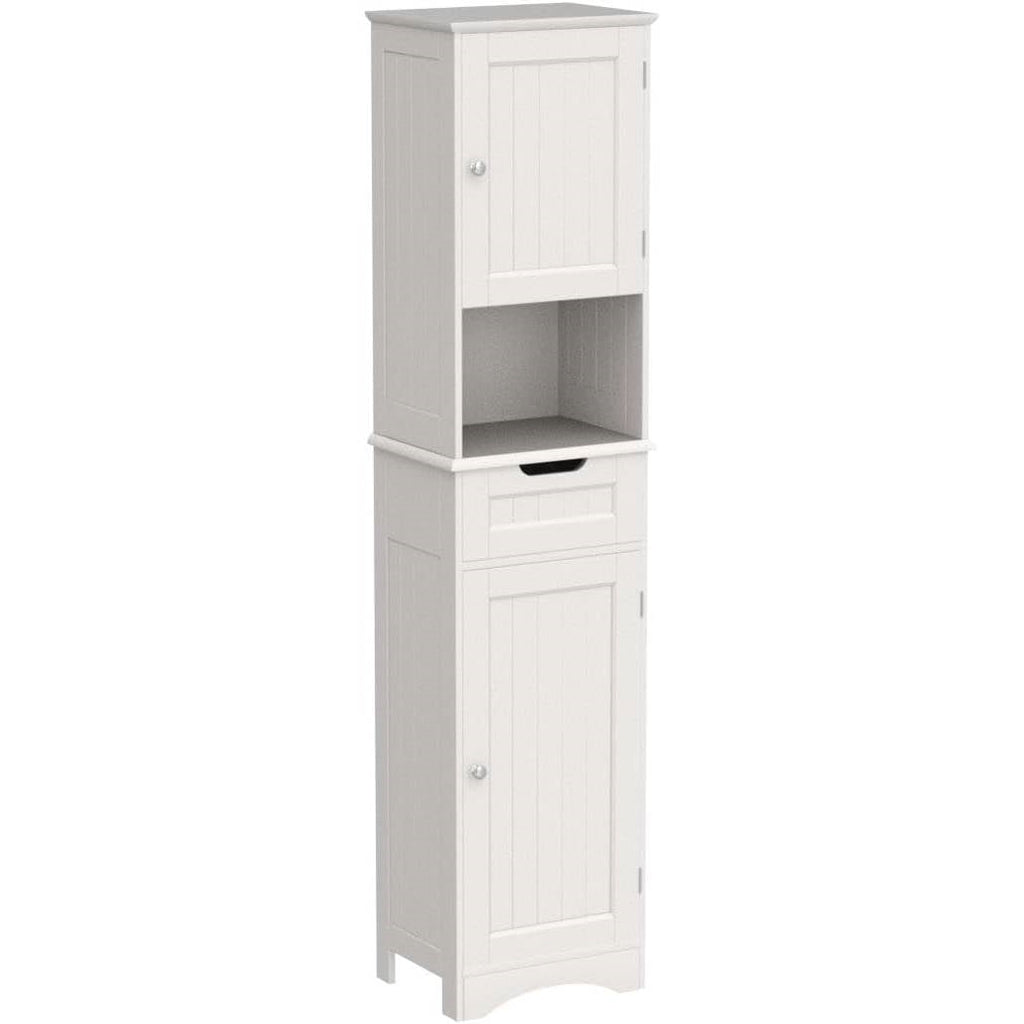 White Bathroom Linen Cabinet Tower with 2 Doors Storage Drawer and Shelf-2