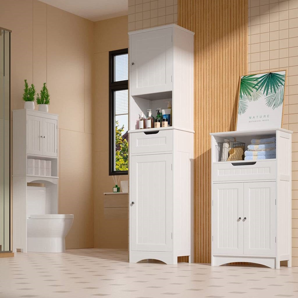 White Bathroom Linen Cabinet Tower with 2 Doors Storage Drawer and Shelf-3