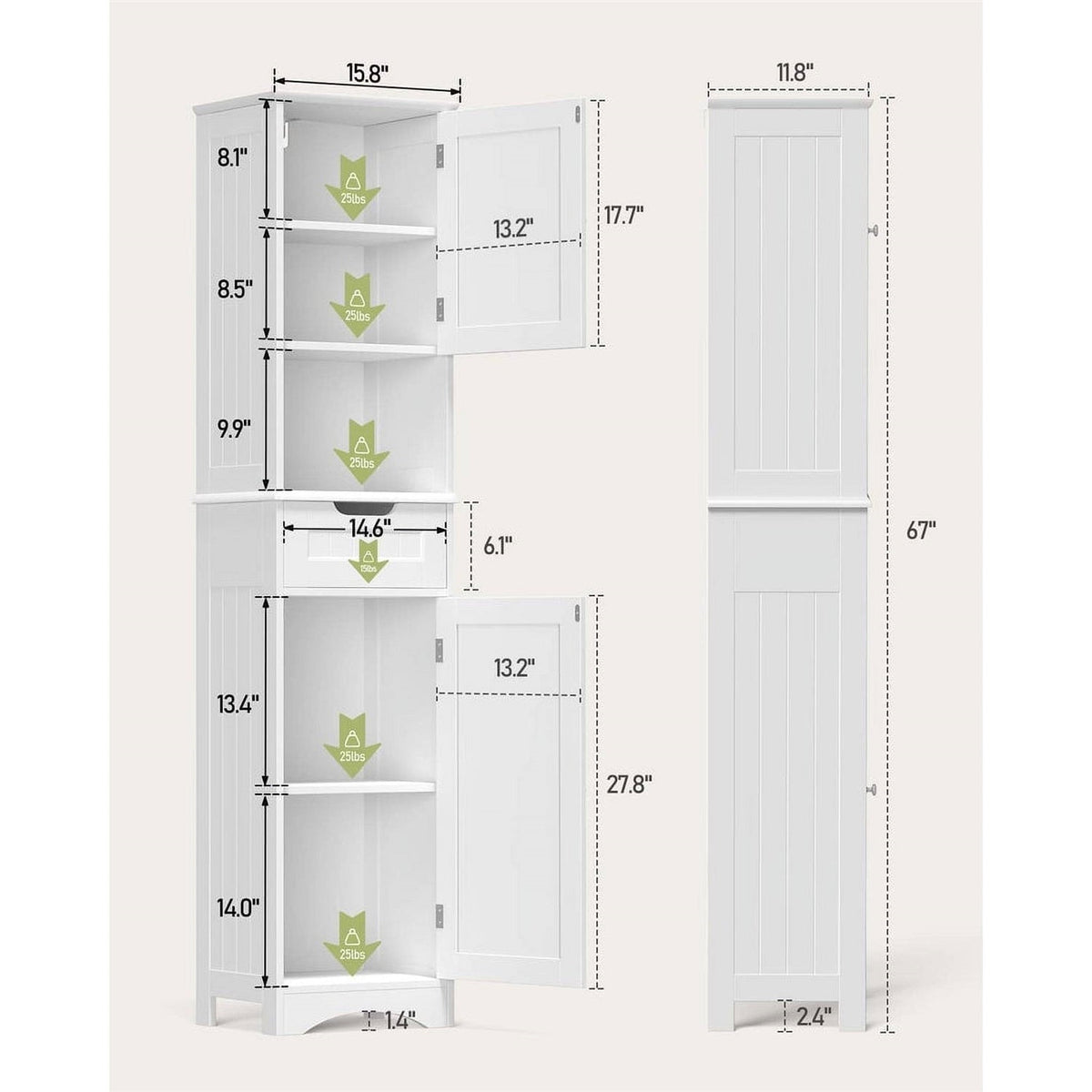 White Bathroom Linen Cabinet Tower with 2 Doors Storage Drawer and Shelf-4