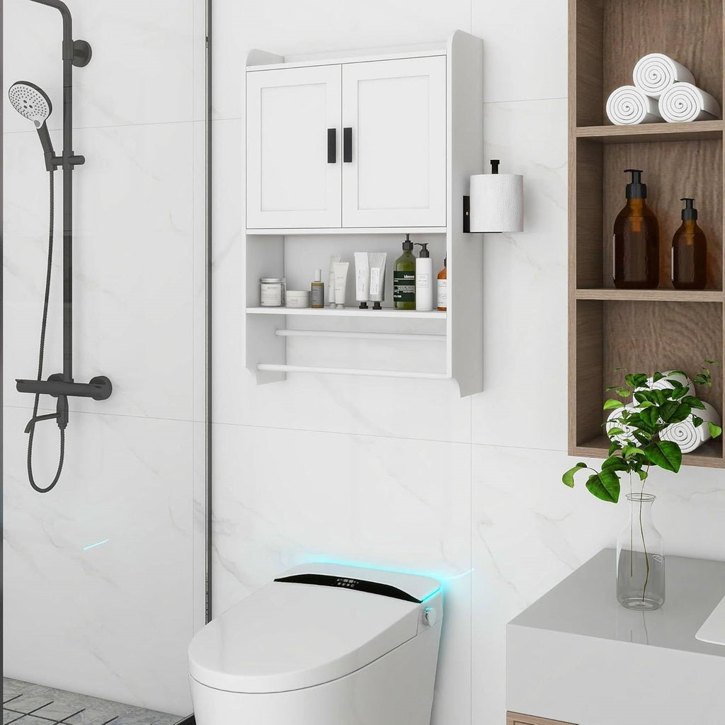 White Bathroom Wall Cabinet with Towel Bar and Storage Shelf-1